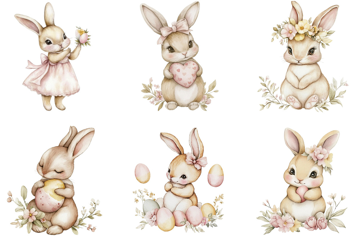 Watercolor Easter Bunnies Clipart, an Illustration by Designking (Photo 5 of 5)