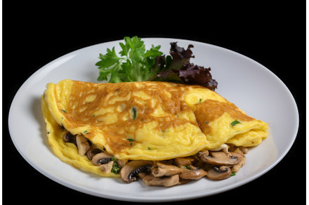 Mushroom omelette white plate, a Food & Drink Photo by Ylivdesign