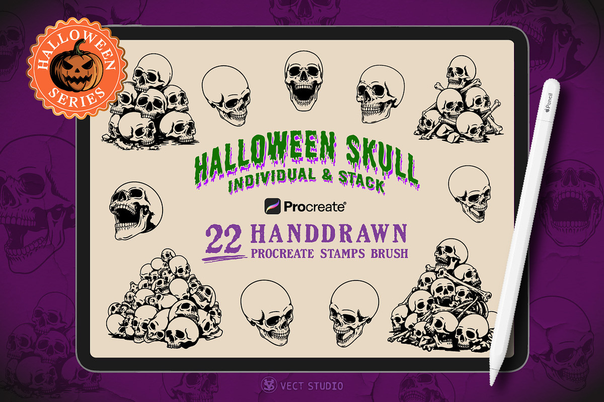 22 Halloween Skull Stamp Brushes, a Brush Add-On by vectstudio (Photo 1 of 10)