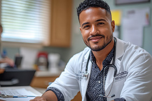 Smiling male doctor in a medical off, a Photo by Tanuart
