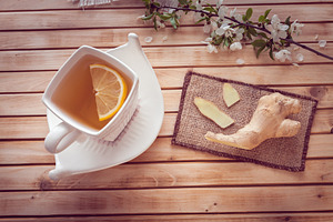Ginger and cup of tea with lemon stock photo containing aroma and asian