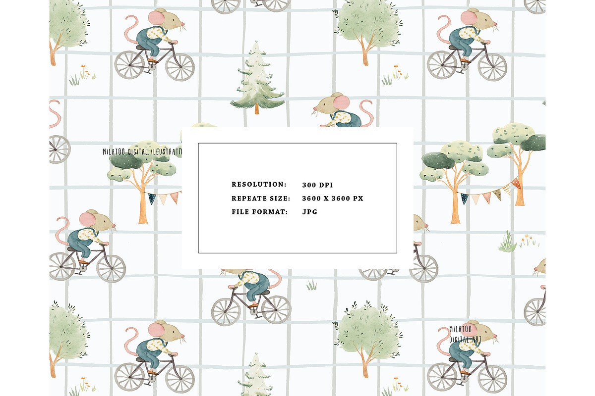 Woodland Mouse Bicycle pattern, a Pattern Graphic by Milatoo (Photo 2 of 3)