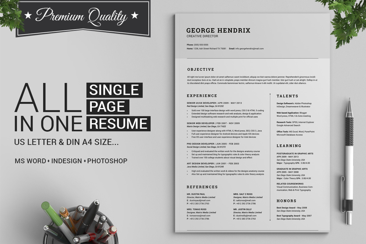 All in One Single Page Resume Pack, a Resume Template by SNIPESCIENTIST (Photo 1 of 5)