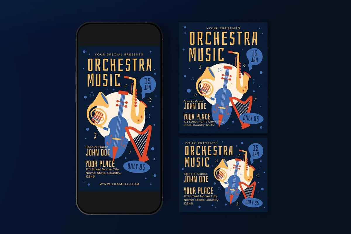 Blue Flat Orchestra Music Flyer Set, a Flyer Template by graphicook (Photo 3 of 3)