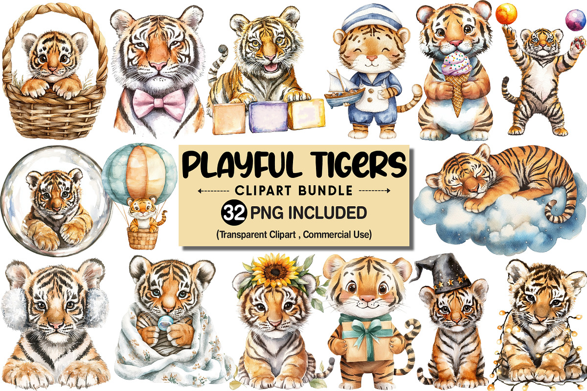 Playful Tiger Clipart Bundle, an Illustration by Pixels.Craft (Photo 1 of 9)