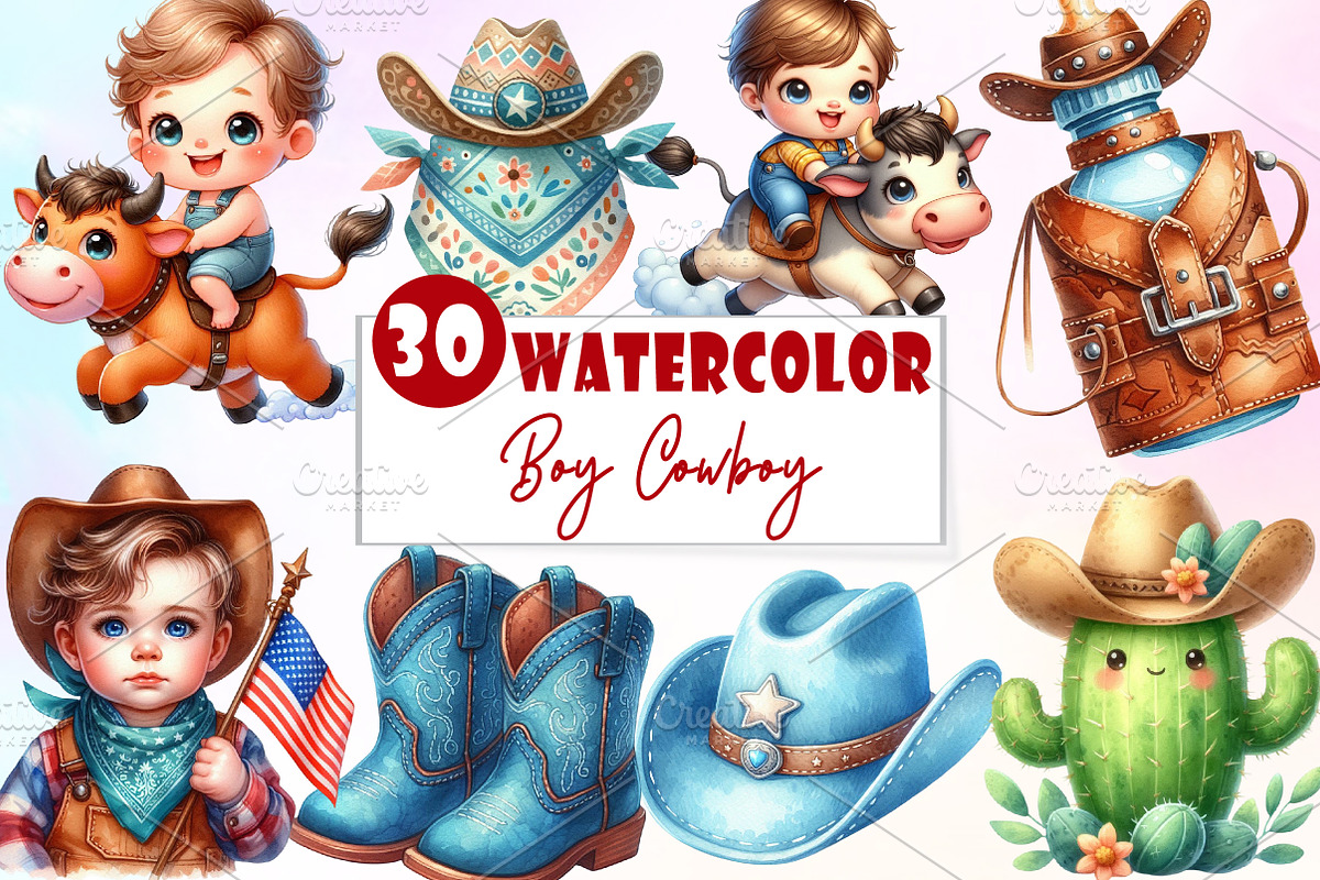 Baby Boy Cowboy Clipart, an Illustration by Watercolor design (Photo 1 of 5)