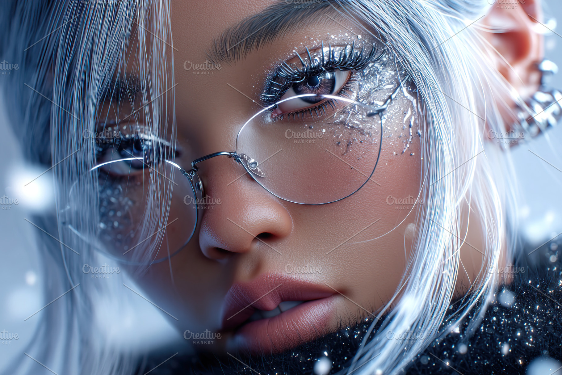 Model with silver hair and winter makeup in a close-up portrait during a snowy, a Beauty & Fashion Photo by AlyaAnd