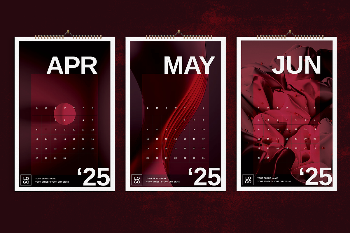 2025 Wall Calendar Dark Red Theme, a Stationery Template by Boris Cupac (Photo 3 of 5)
