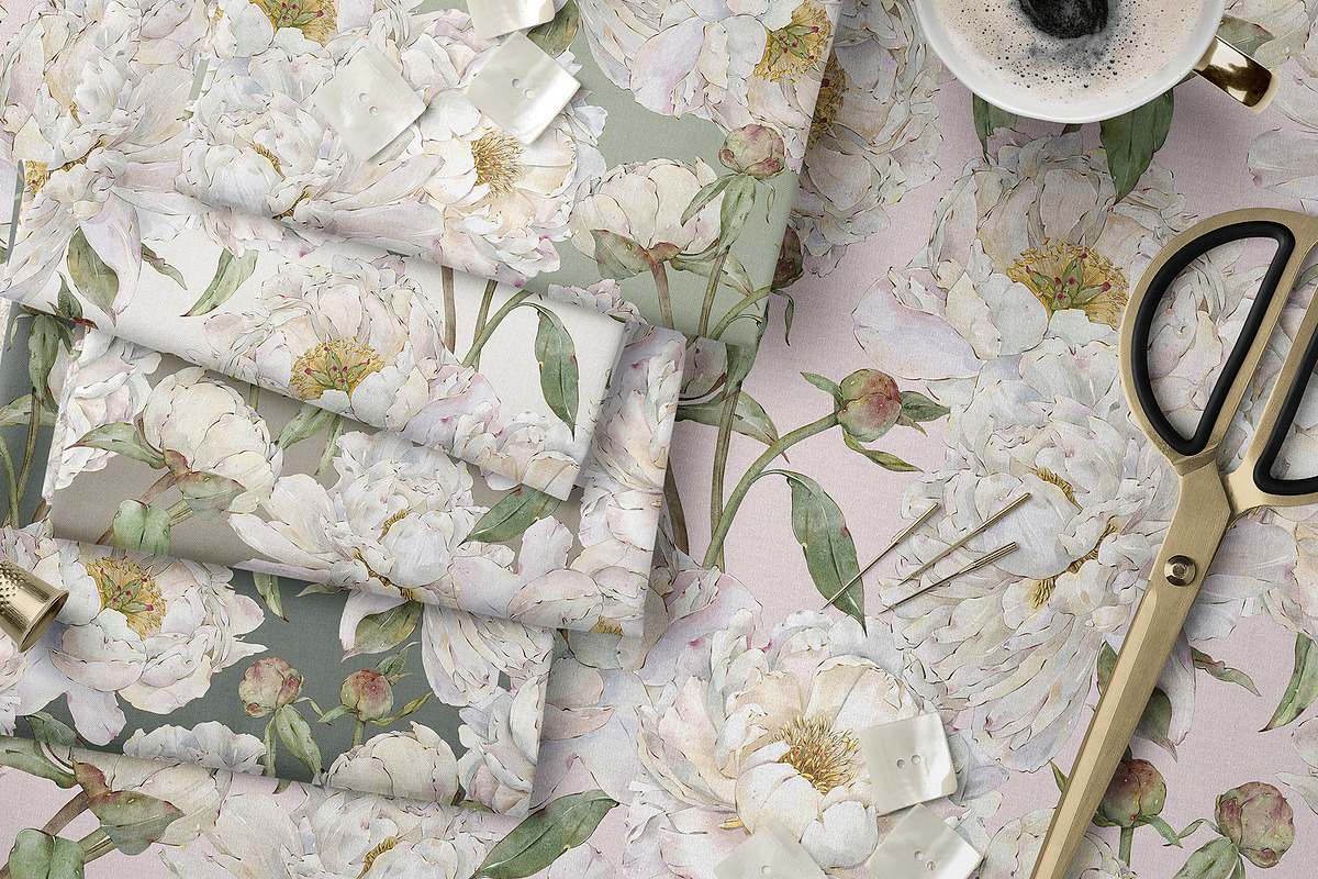 White Peonies Watercolor Collection, a Pattern Graphic by Alisa Fimen Design (Photo 6 of 13)