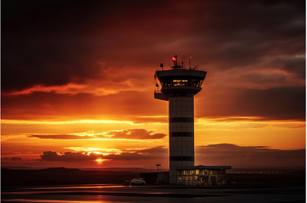 Massive airport watchtower. Generate, a Transportation Photo by Ylivdesign