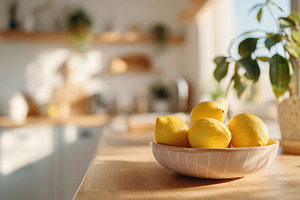 Bright kitchen setting featuring a bowl of fresh lemons on a wooden countertop, a Food & Drink Photo by AlyaAnd