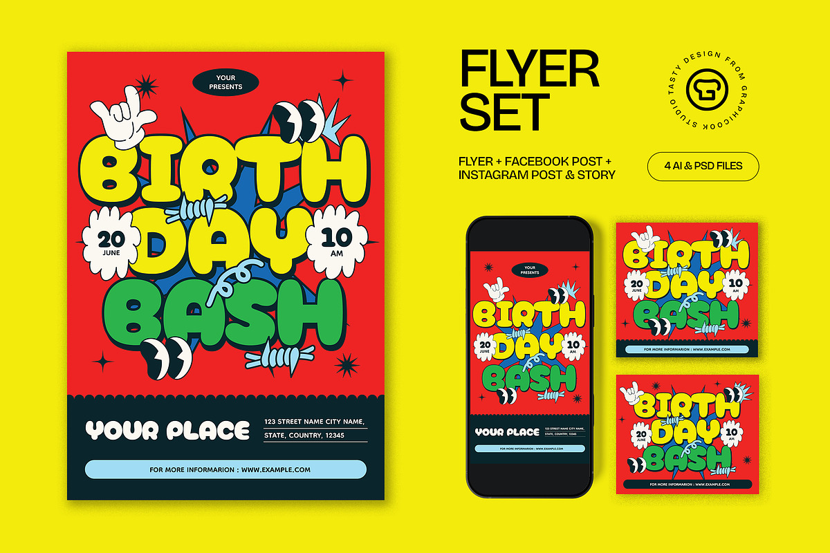 Red Bold Birthday Bash Flyer Set, a Flyer Template by graphicook (Photo 1 of 3)