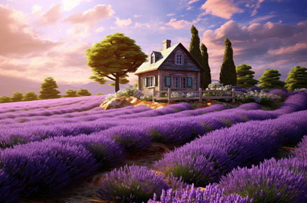 Lavender flower field with wooden ho, a Photo by Iftikhar Alam
