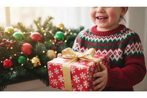 A joyful child holding a wrapped, a Holiday Photo by Igor Tichonow