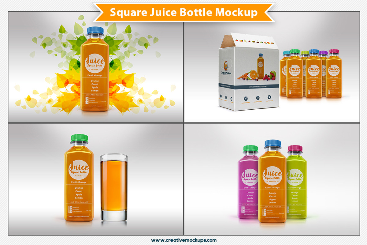Square Juice Bottle Mockup PSD, a Packaging Mockup by Plus Media (Photo 2 of 6)