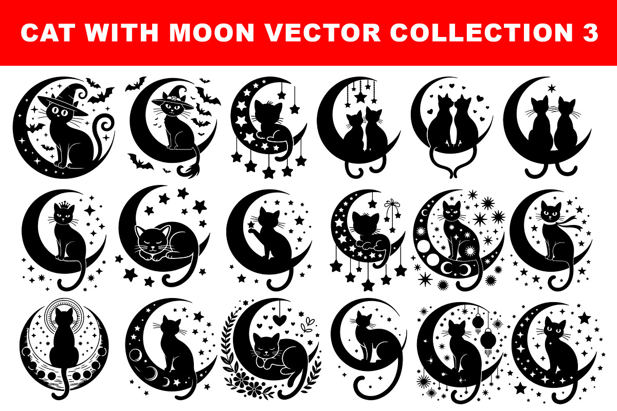 Silhouette Cat Sitting on the Moon, an Animal Illustration by himelgfx