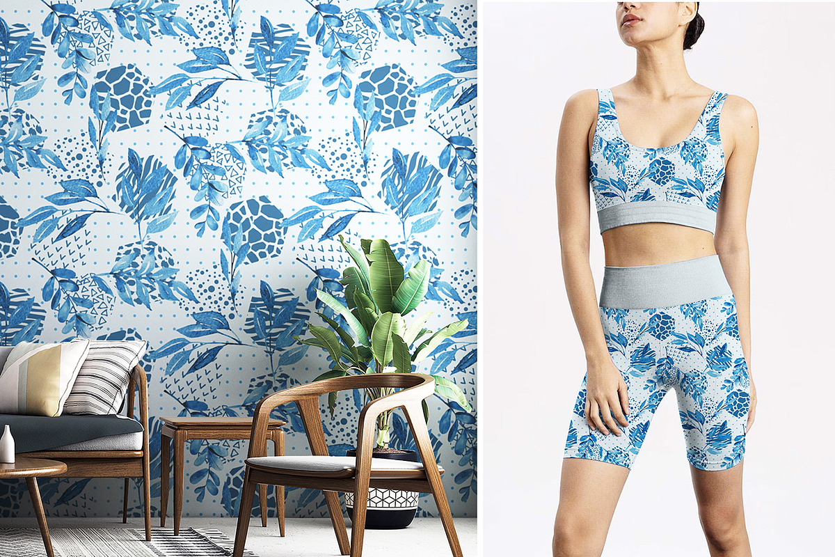 Blue Watercolor Floral Geo Pattern, a Pattern Graphic by Gullenda (Photo 5 of 6)