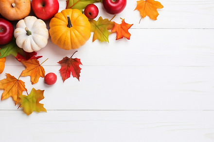 Apples, pumpkins, leaves background, a Background Photo by Munco Art & Design