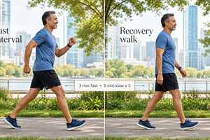 Japanese walking concept. Middle-aged man walking for fitness by, a Photo by Dvoevnore photos