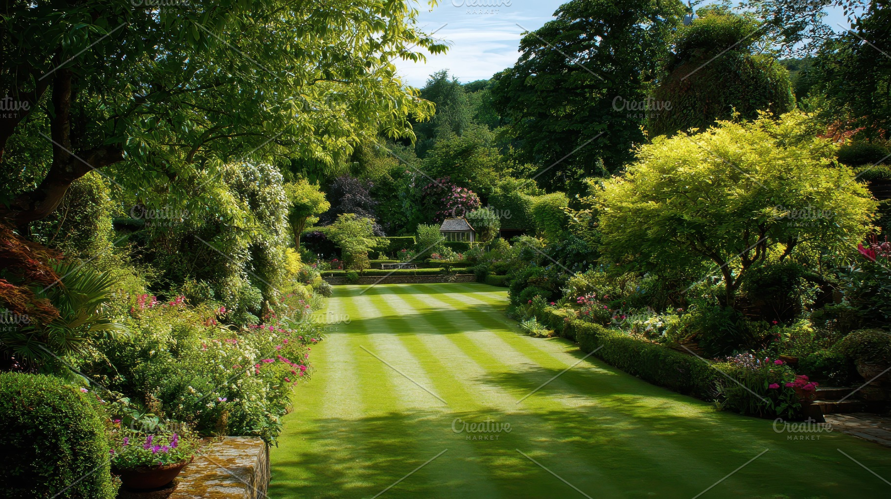 Garden with neatly trimmed grass, a Photo by Pavel_design