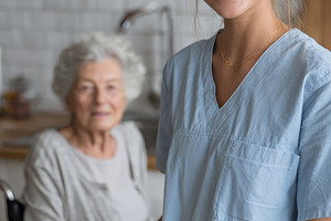 Young caregiver smiling holds plate, a Photo by Pixeness Studio