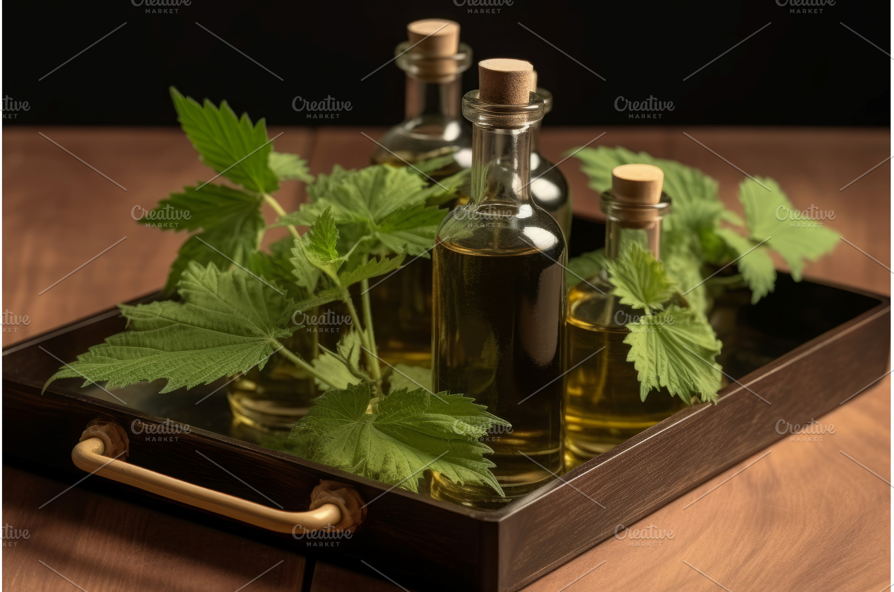 Nettle oil glass bottles. Generate, a Nature Photo by Ylivdesign