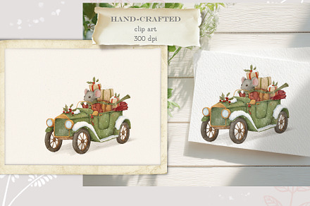 Christmas Watercolor Clipart and Car
