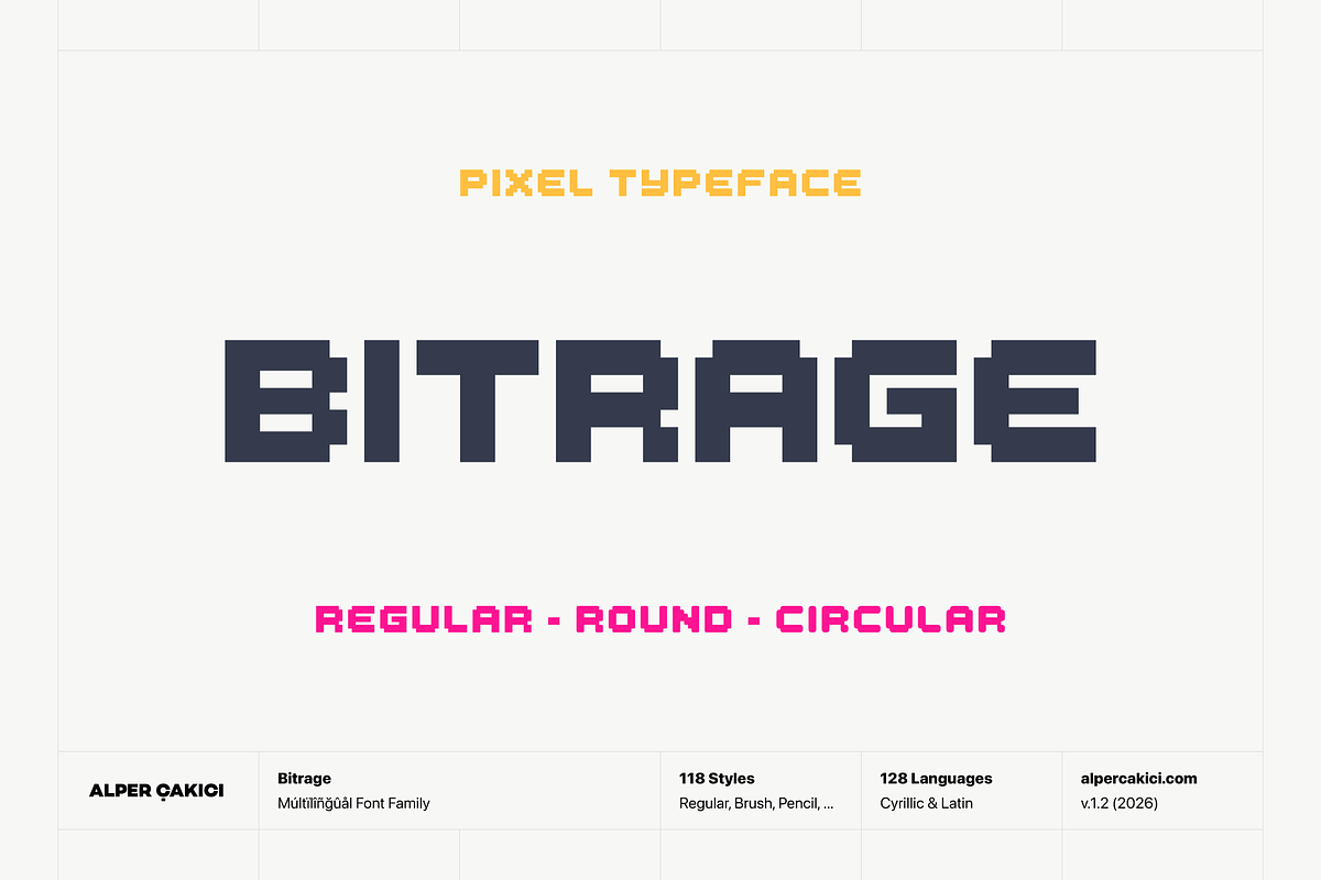Bitrage Cyrillic Pixel Typeface, a Sans Serif Font by alpercakici (Photo 1 of 17)