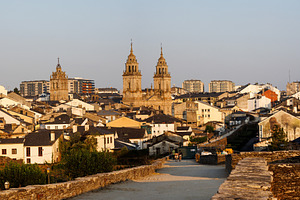 Historic Cityscape with Cathedral Towers and Roman Wall, Lugo, S