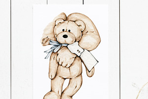 Newborn With Teddy Bear Watercolor