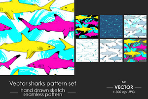 Sharks - seamless pattern set