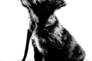 Black and white illustration of a sitting puppy on a leash looki, an Animal Photo by José Manuel Gelpi