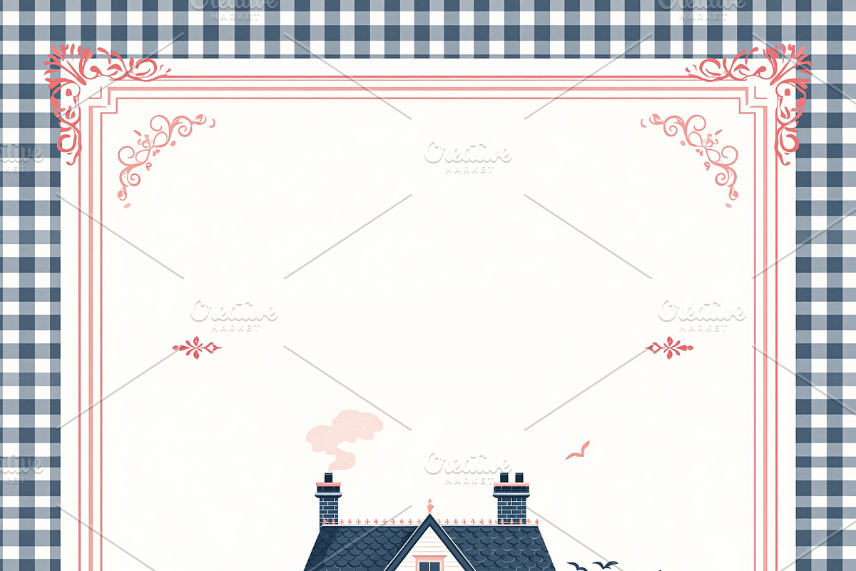 Charming cottage core house with pink door, window boxes, and blooming rose bus, an Illustration by Studio ANNA
