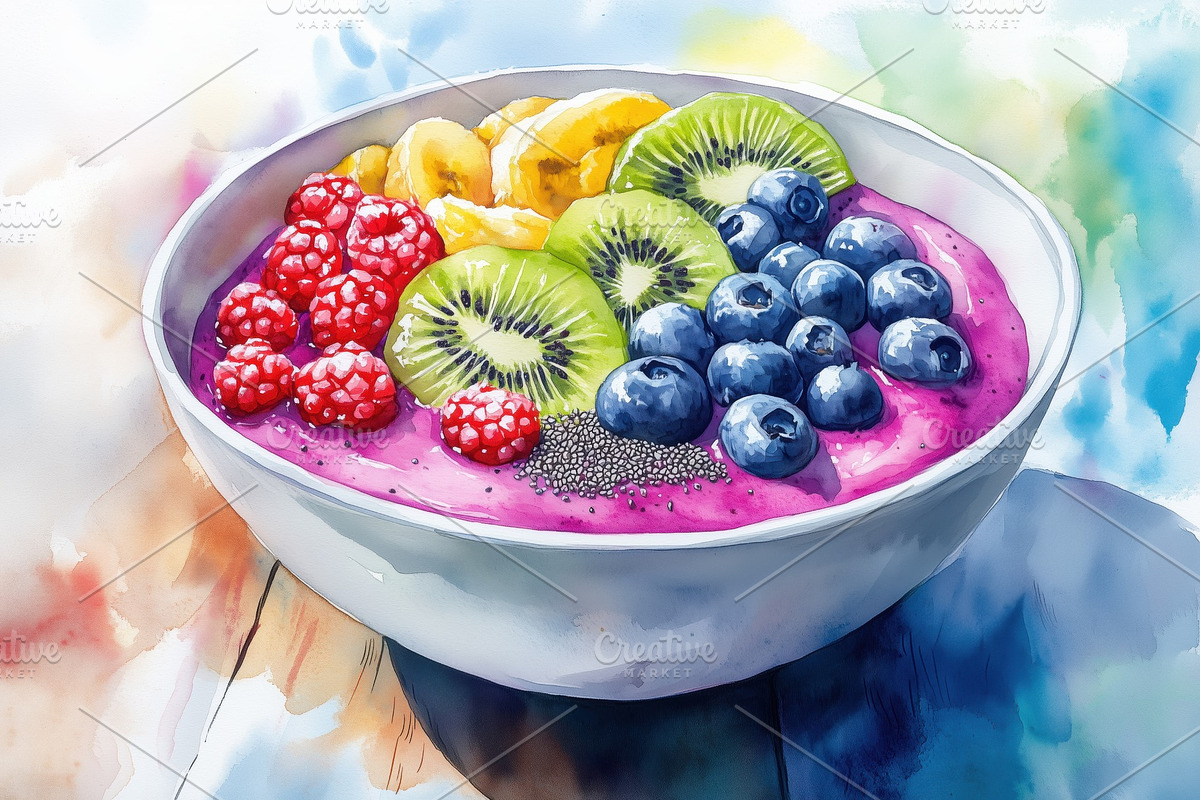A vibrant smoothie bowl topped with sliced bananas, kiwi, blueberries, raspberr, a Food Illustration by Textures & Backgrounds