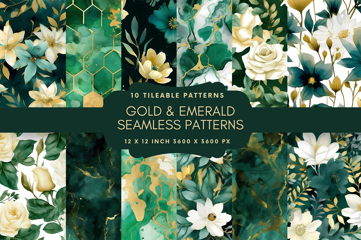 Gold & Emerald Green Seamless Floral, a Pattern Graphic by NadiaTheronArt (Photo 1 of 5)