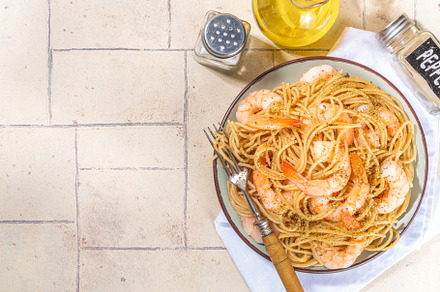 Spaghetti pasta with shrimp, a Food & Drink Photo by Rimma