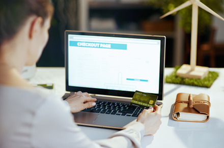 Seen from behind modern woman with laptop buying online, a Business Photo by Alliance Images