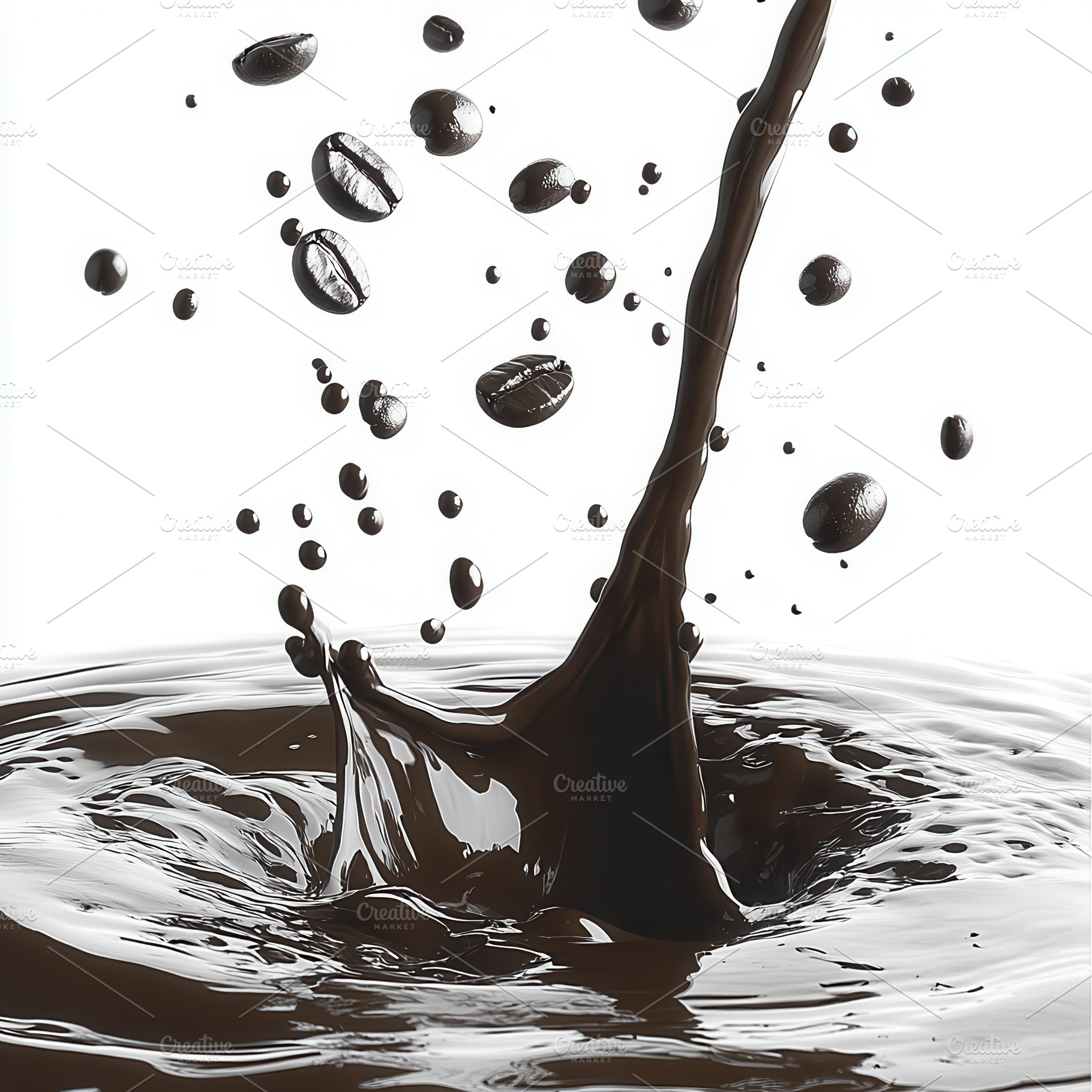 Coffee beans splashing dark liquid c, a Food & Drink Photo by Pixeness Studio