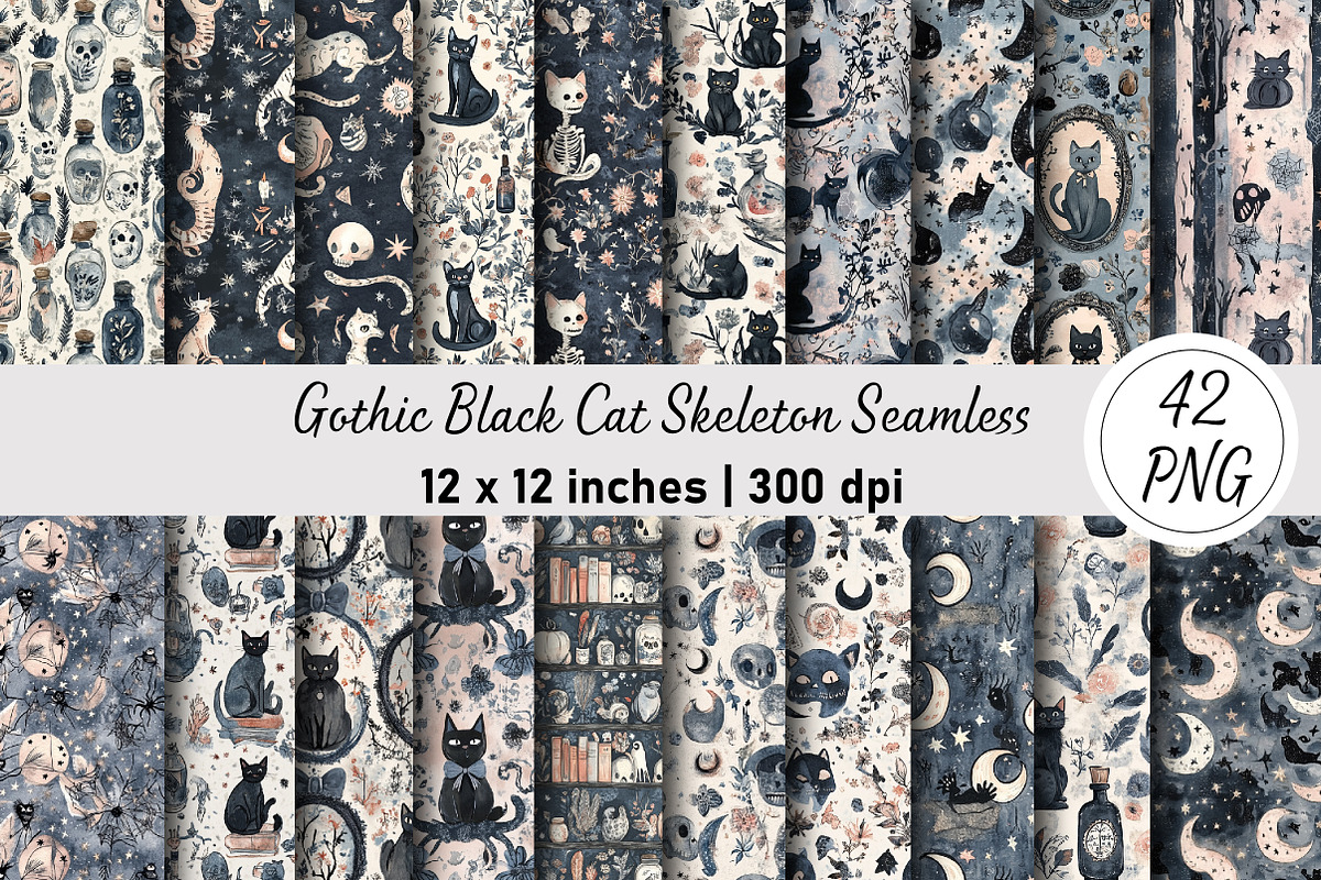 Gothic Black Cat Skeleton Seamless, a Pattern Graphic by Digital Artistic99 (Photo 1 of 8)