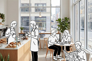 Cafe Interior & hand-drawn people, a Business Photo by Virgo Studio
