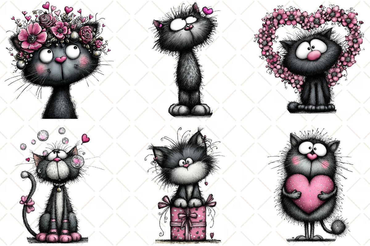 Whimsical Valentines Cat Clipart, an Animal Illustration by Black Bird Studio (Photo 6 of 6)