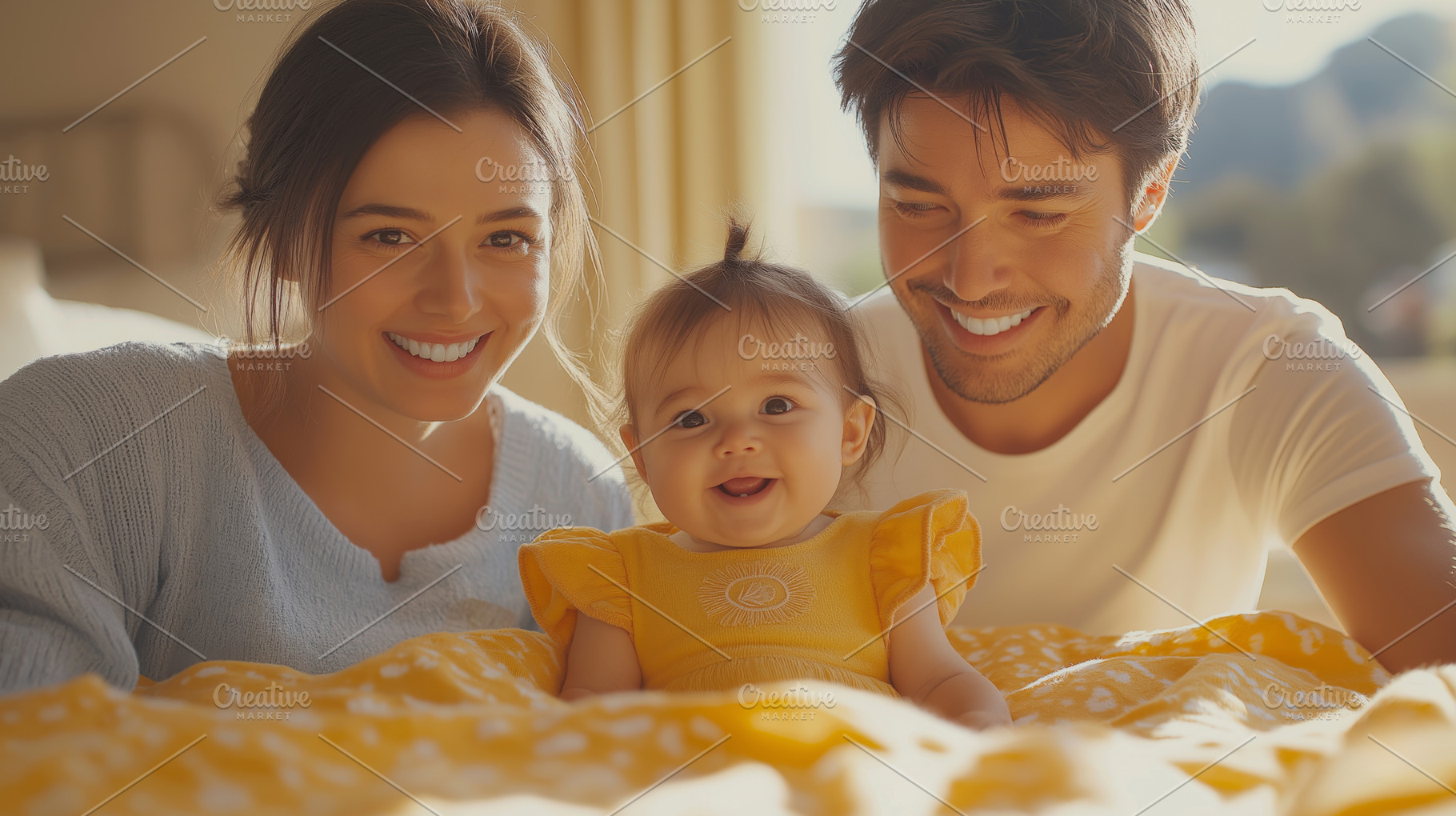 A joyful mixed-race family of three, including a smiling baby girl, enjoying qu, a Person Photo by ImageMir