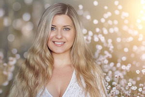 Beautiful woman with long blonde hair smiling, standing in field, a Person Photo by Studio ANNA