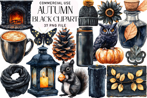 Watercolor Black Autumn Clipart, an Illustration by Daily.Designs