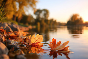Colorful autumn leaves falling peacefully near a quiet river at dusk with warm, a Nature Photo by AlyaAnd