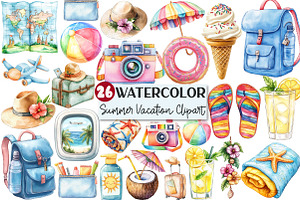 Watercolor Summer Vacation Clipart, an Illustration by Rose Art