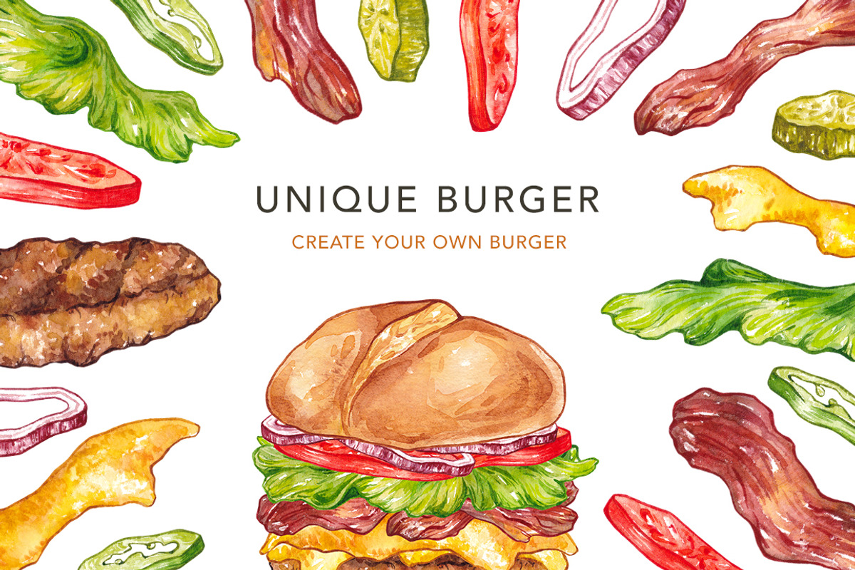 Unique Burger. Watercolor, a Food Illustration by Olga Olmix (Photo 1 of 6)