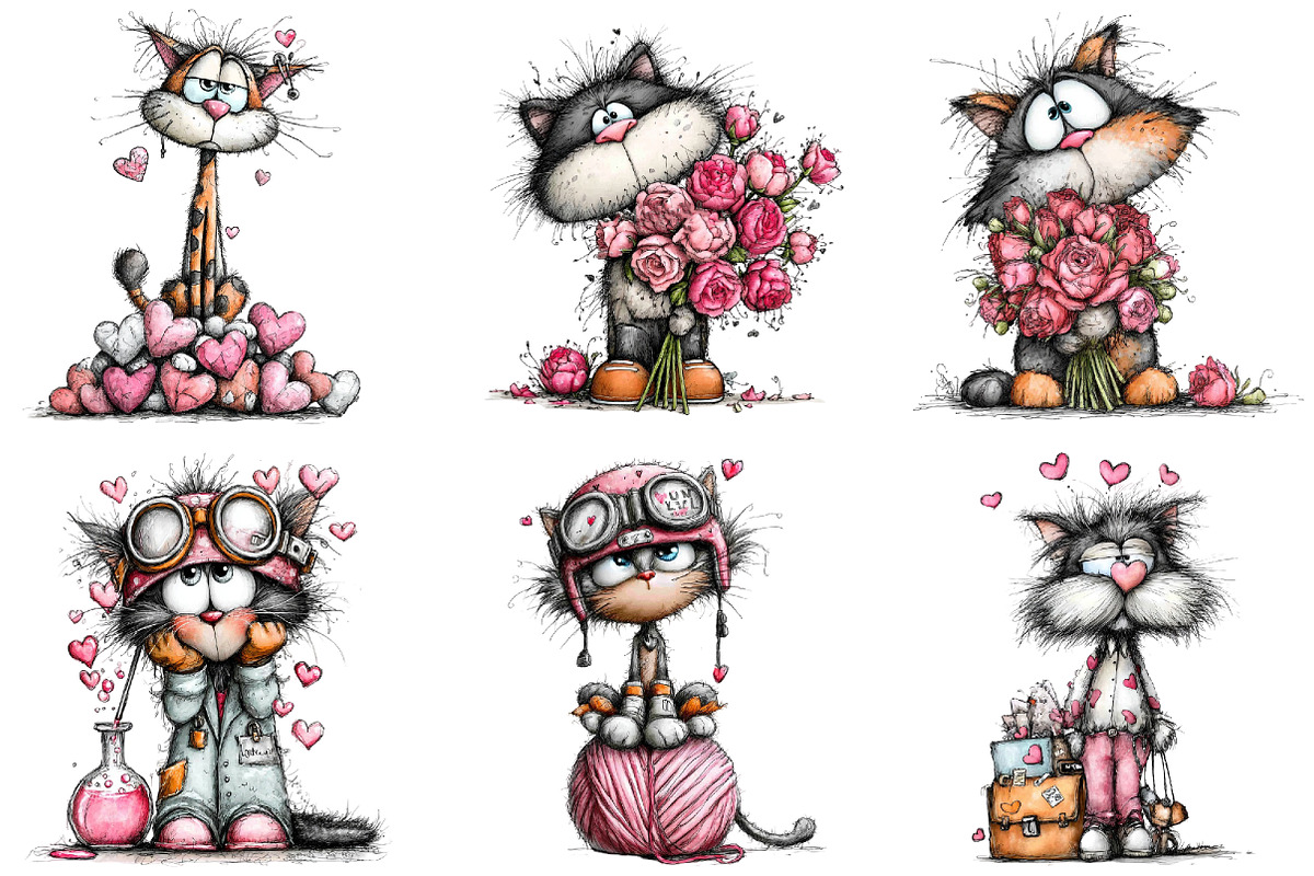 Quirky Valentine Cats Clipart, an Illustration by DreamArtGraphic (Photo 3 of 4)