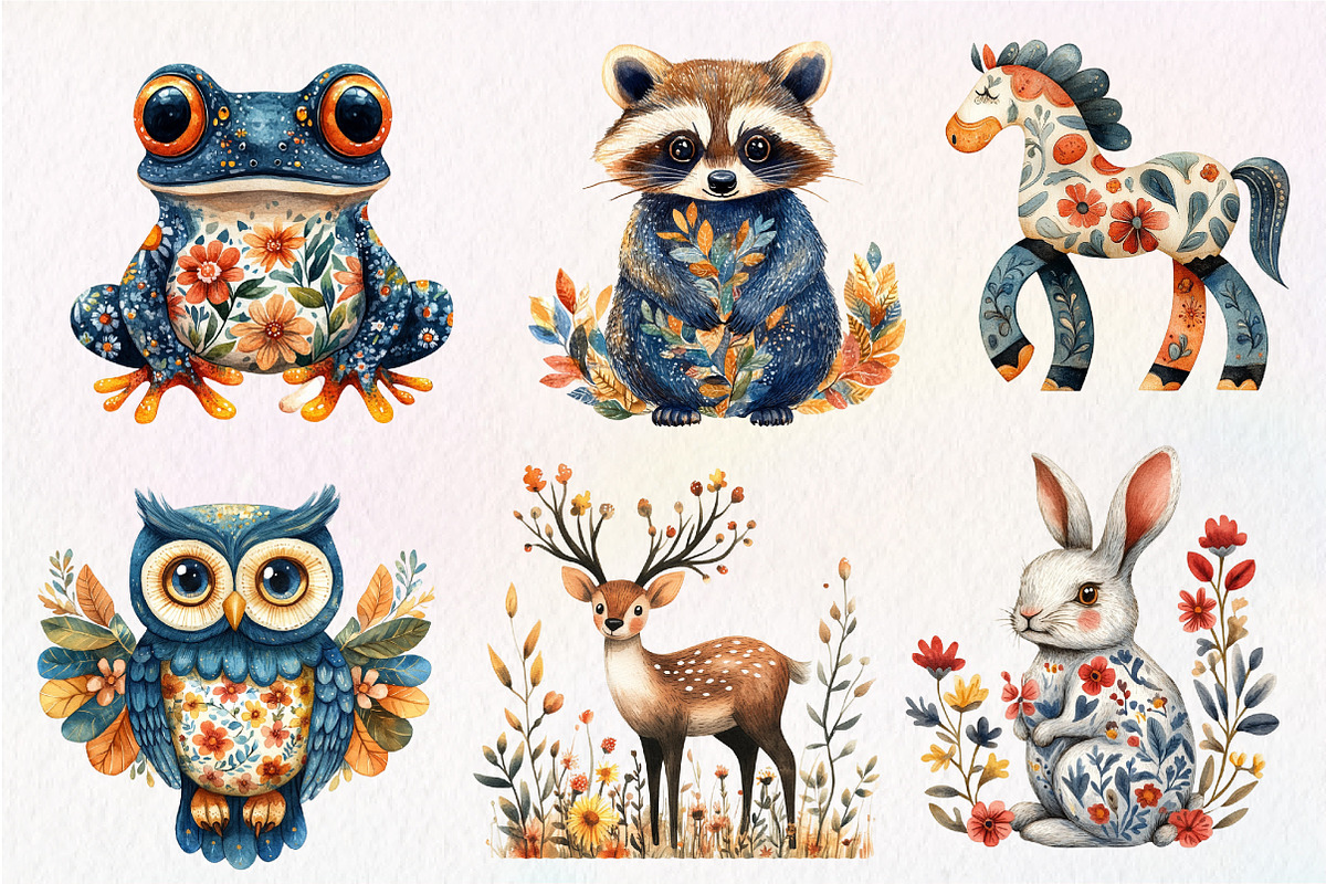 Watercolor Folk Art Animals Clipart, an Illustration by Dream Creation (Photo 7 of 7)