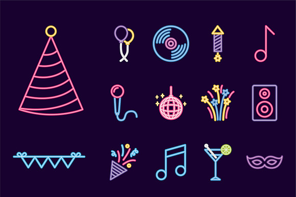 Neon Birthday Party Icons Set preview 2